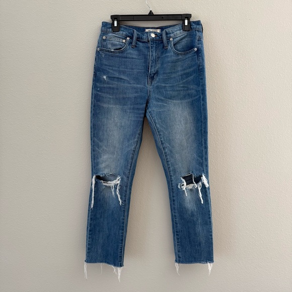 Madewell Denim - Madewell High Rise Slim Boy Distressed at Knees Raw Hem Blue Jeans 27